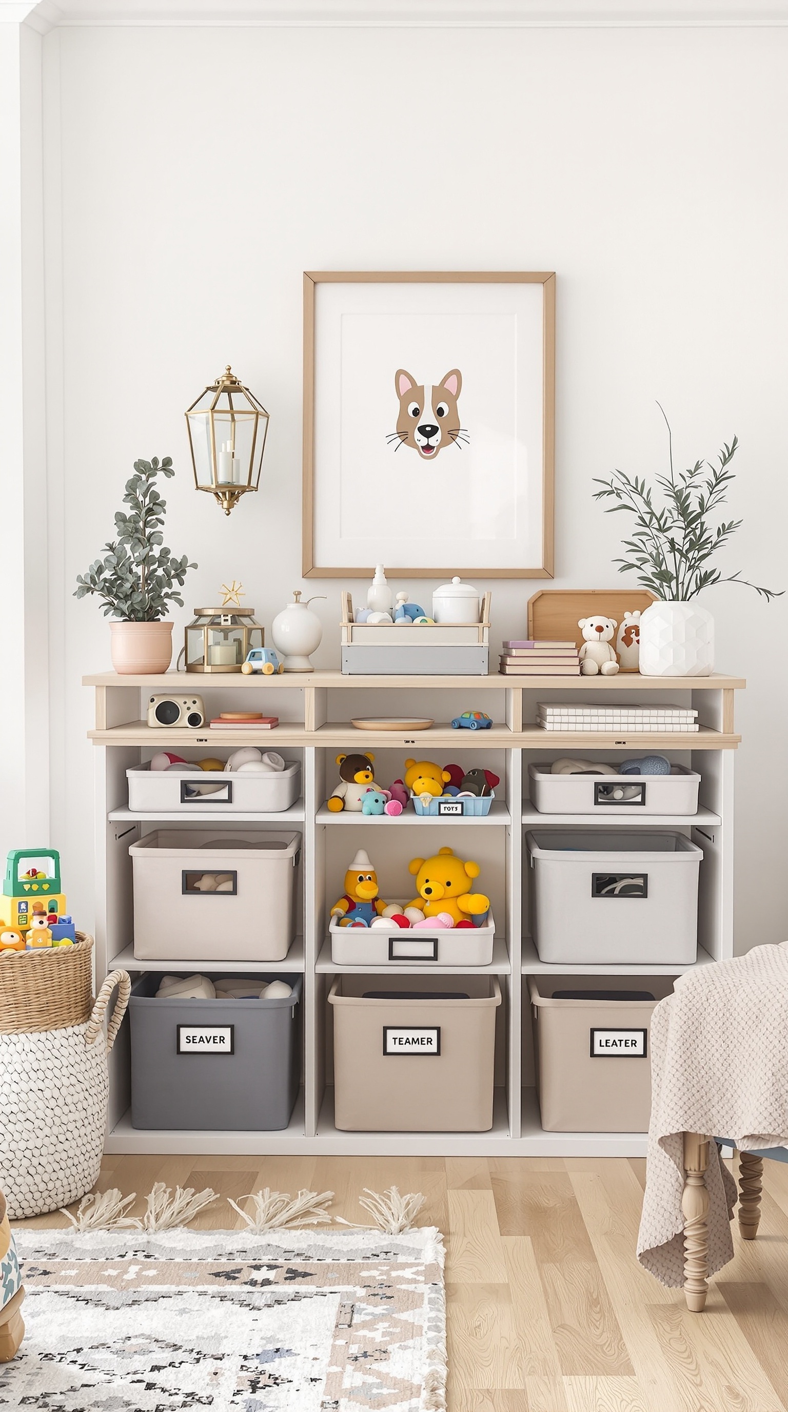 Organized toy storage with labeled bins and seasonal toys
