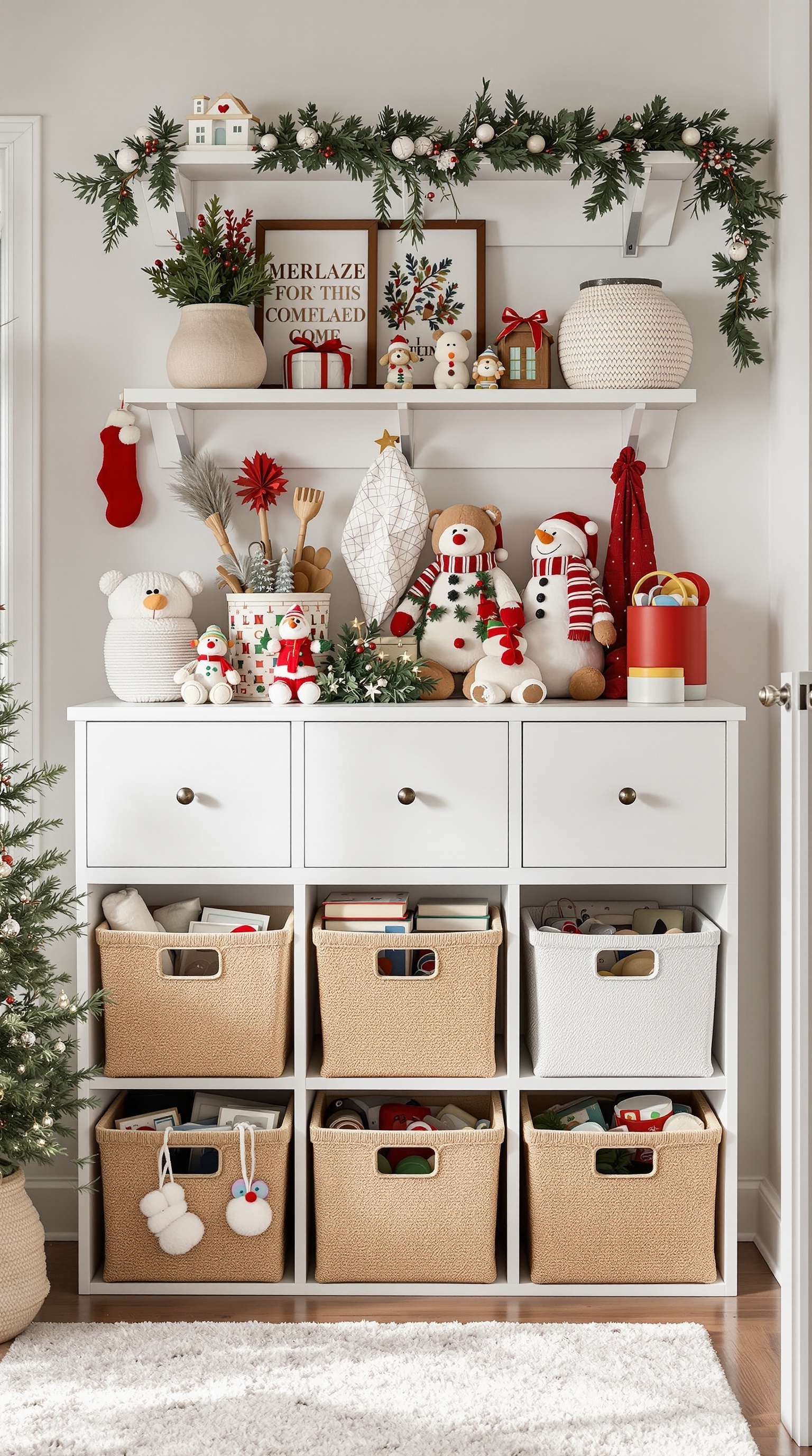 A cozy holiday-themed toy storage setup with festive decorations and organized baskets.