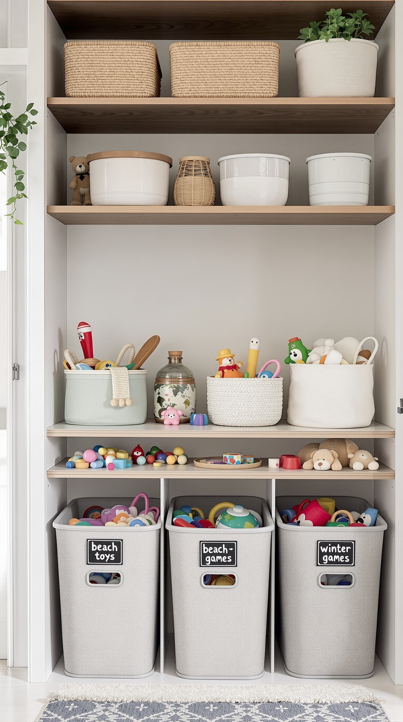 Organized toy storage with labeled bins for beach and winter games, and decorative baskets on shelves.
