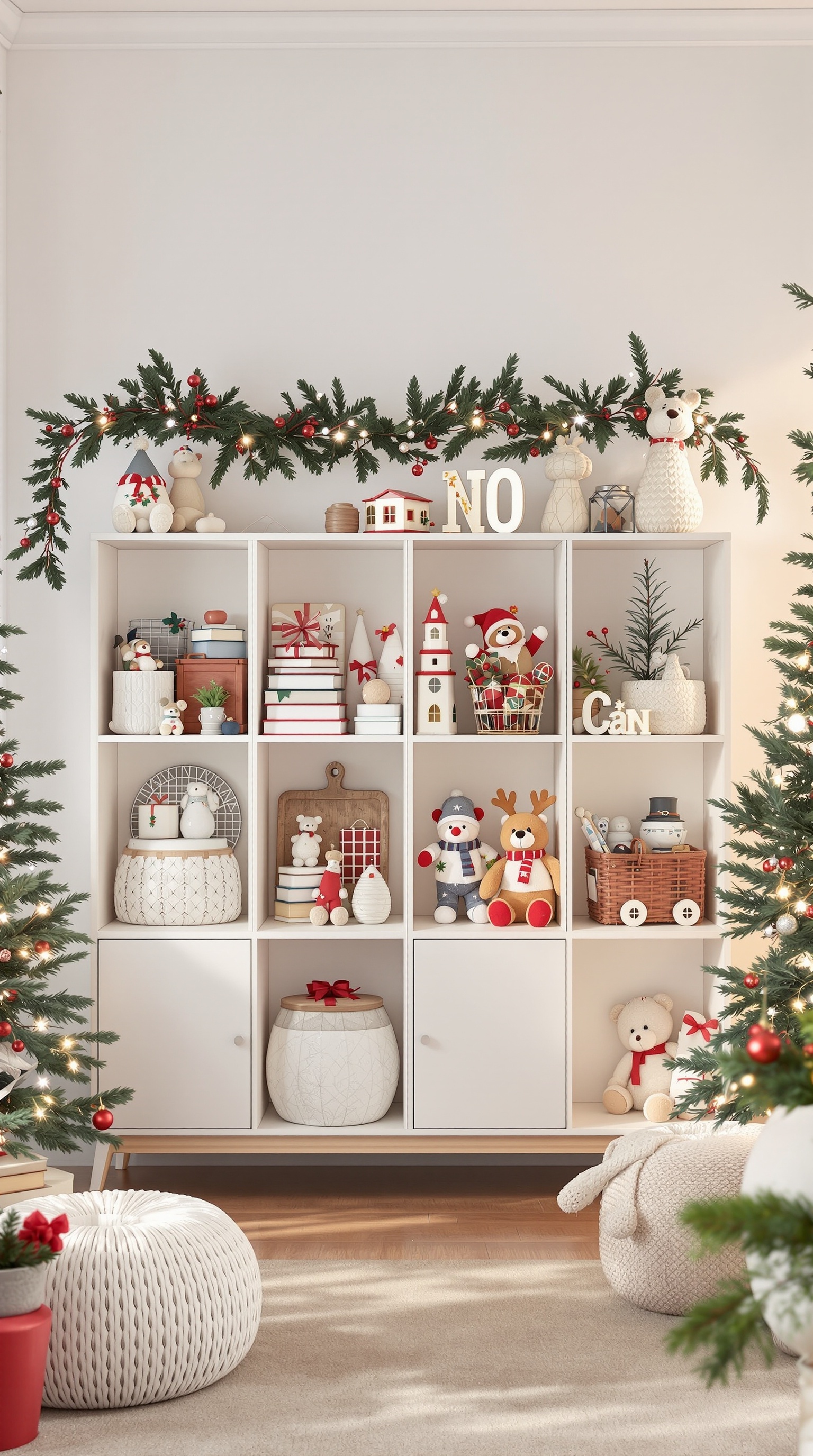 A Kallax shelf decorated for the holidays, filled with toys and festive decorations.