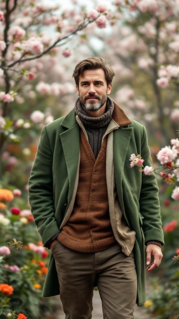 A man wearing a green blazer over a brown sweater, standing in a flower garden.