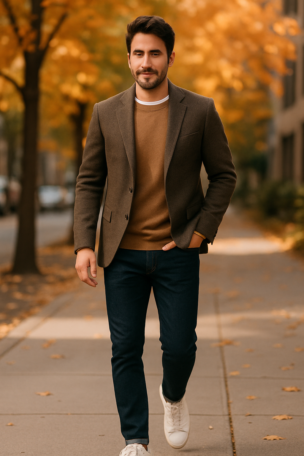 A man walking in an autumn setting wearing a brown blazer, sweater, dark jeans, and white sneakers.