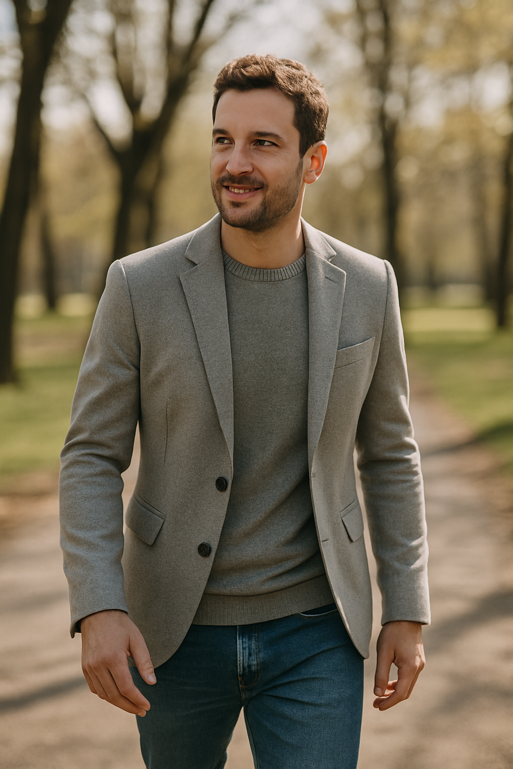 A man in a light grey blazer, grey sweater, and jeans walking in a park.