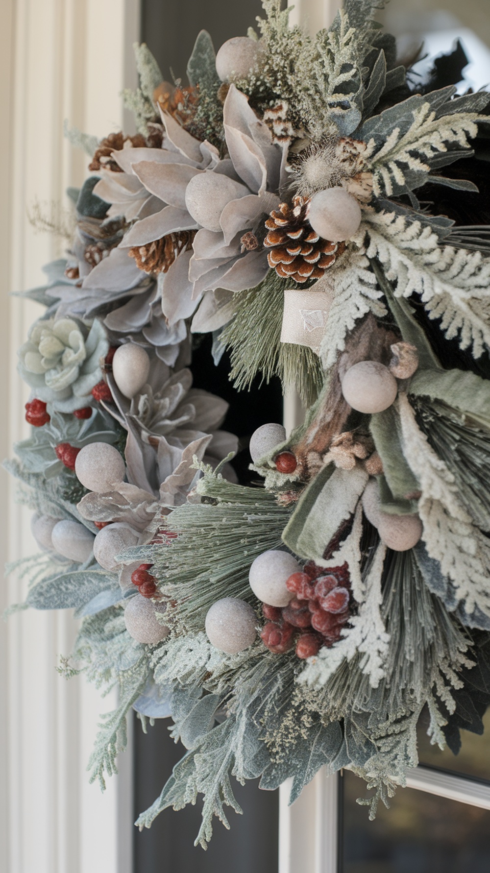 A winter-themed wreath featuring succulents, pinecones, and frosted greenery.
