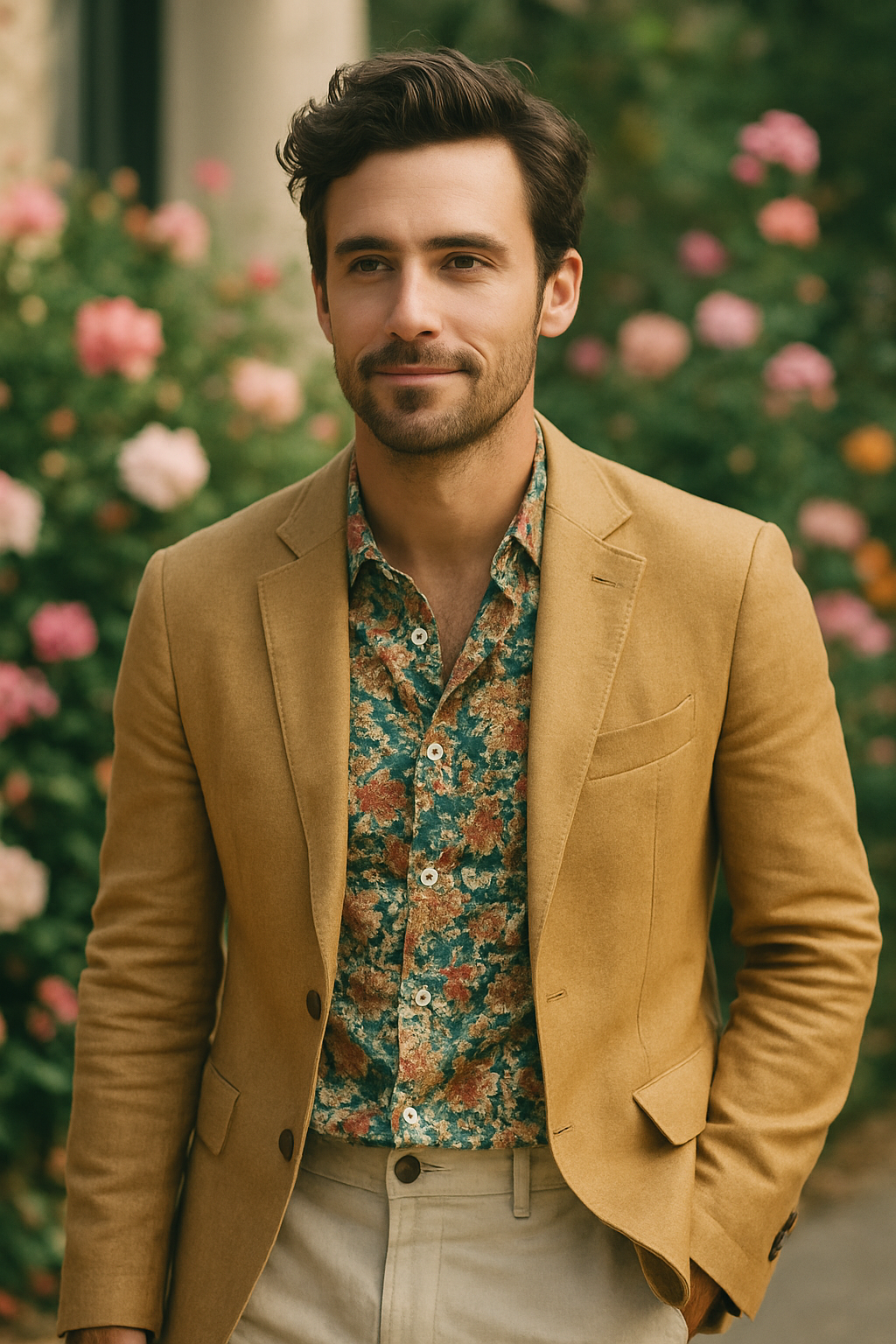 A man wearing a mustard blazer over a floral shirt, standing in front of blooming flowers.