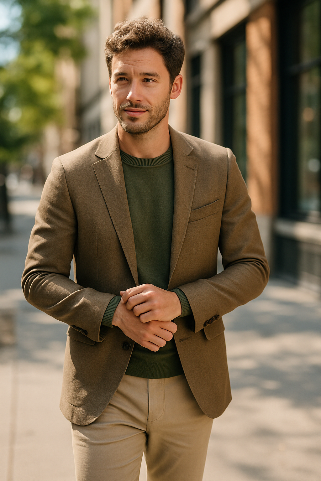 A man in a khaki blazer and green sweater, standing outdoors.