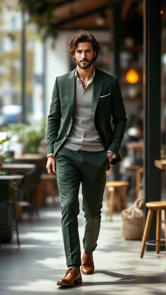 A man in a deep green suit walking confidently in a stylish cafe.