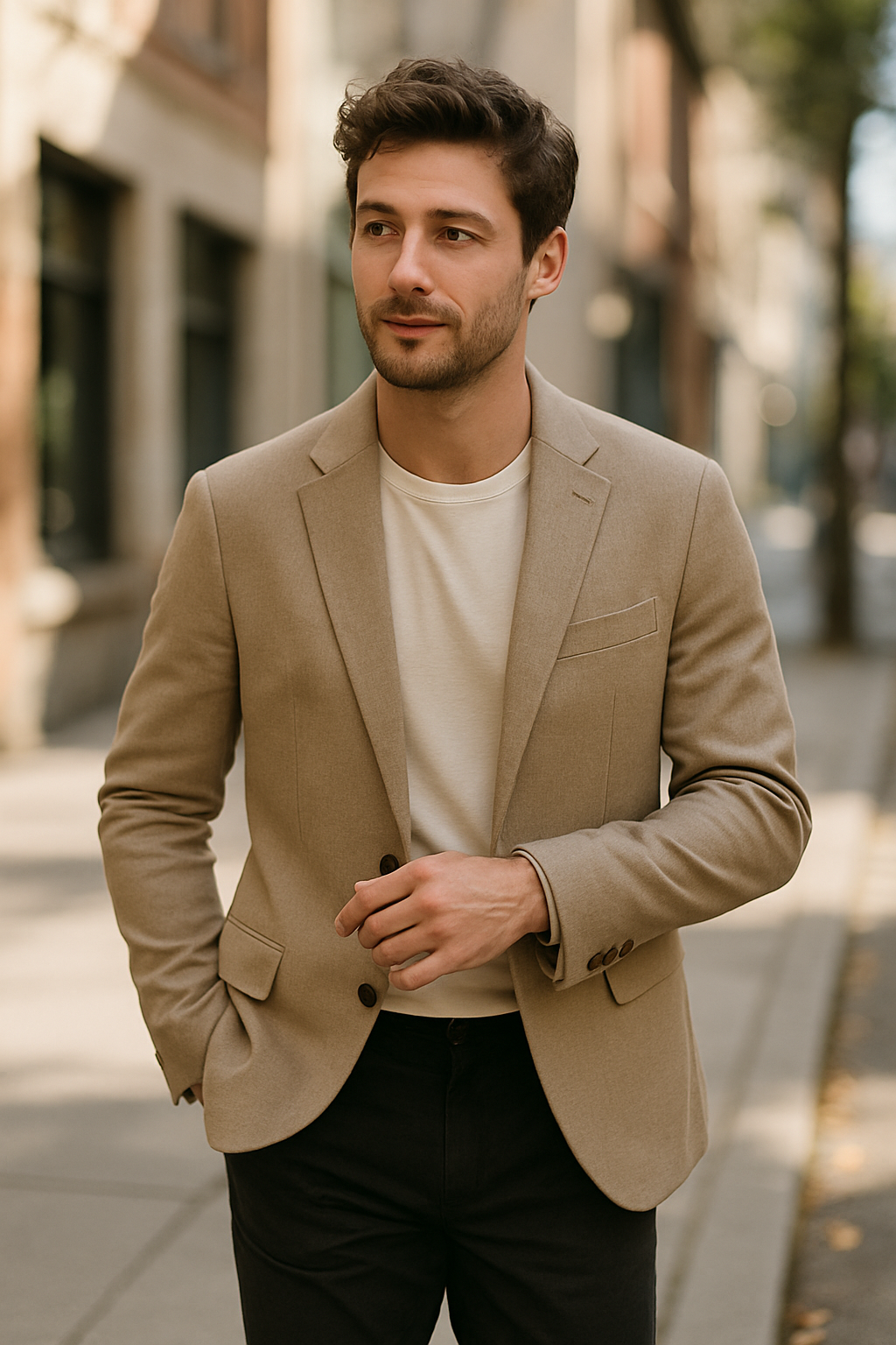 Man wearing a beige blazer with a light t-shirt, walking on a city street.