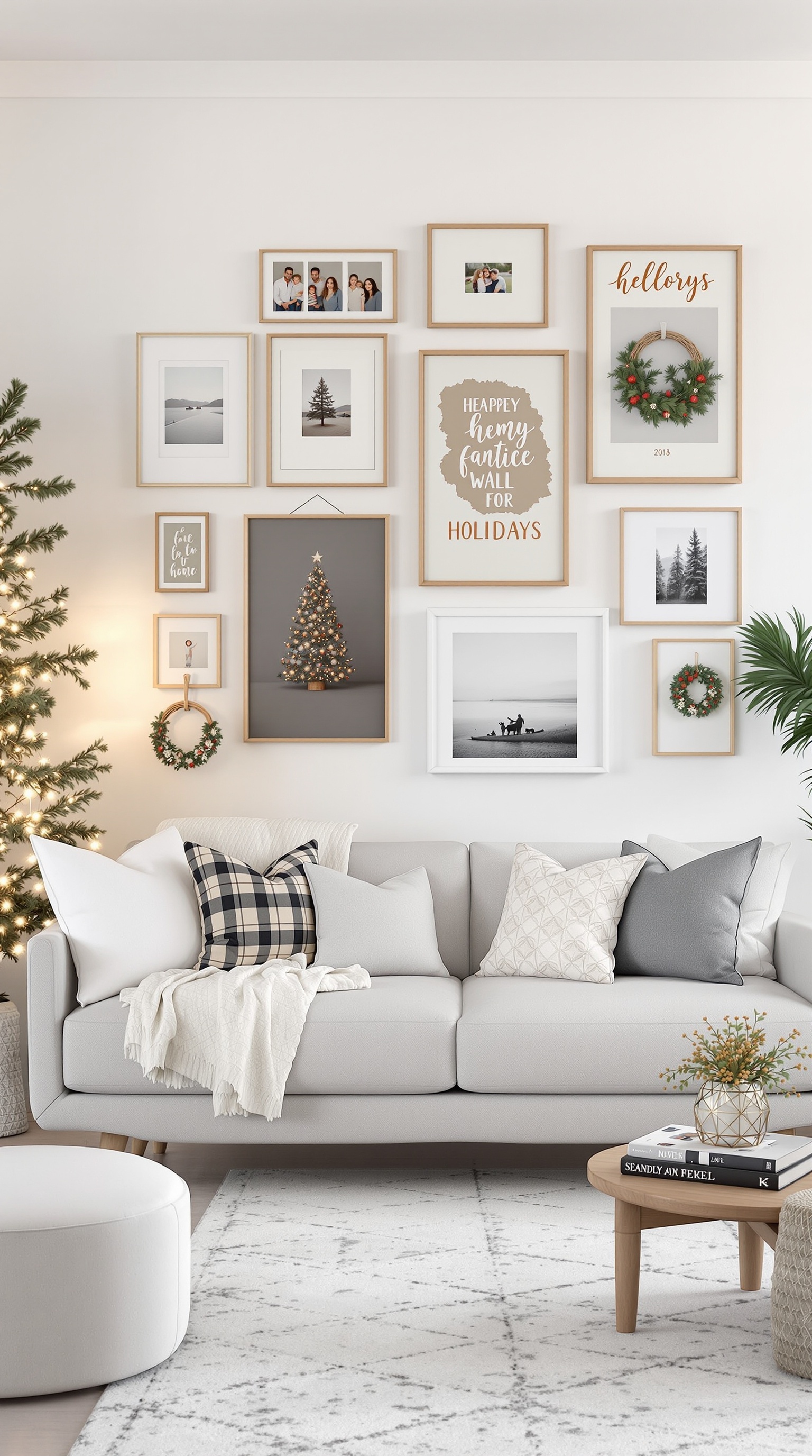 A cozy living room featuring a gallery wall with family photos and holiday decorations.