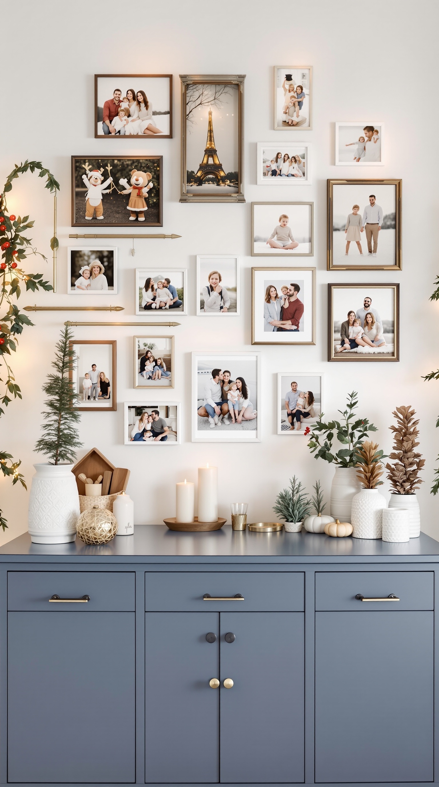 A wall display of family photos with seasonal decor, including candles and greenery.