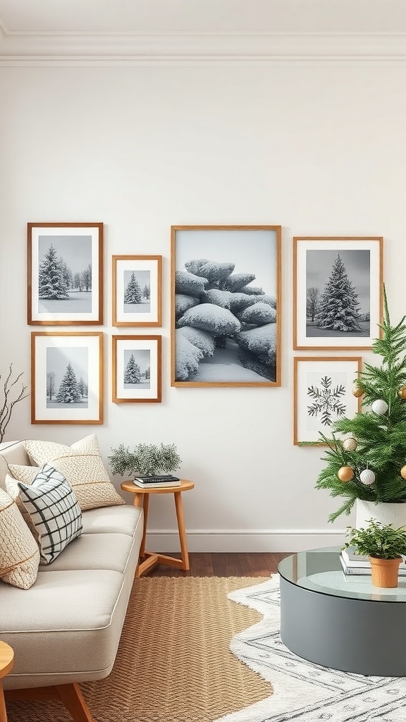 A cozy living room with winter-themed wall art featuring snowy landscapes in wooden frames.