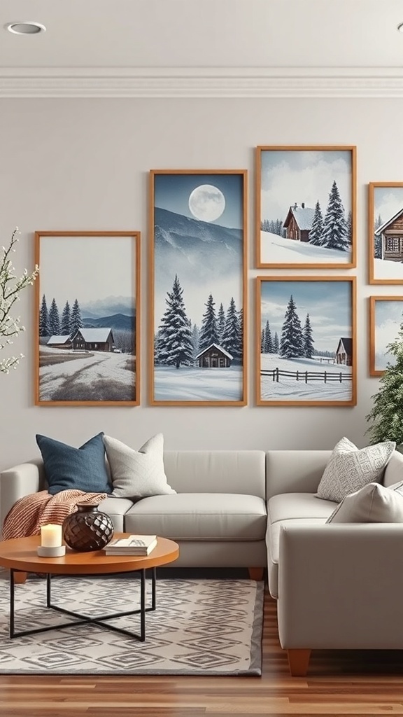 A cozy living room featuring winter-themed wall art with snowy landscapes and cabins.