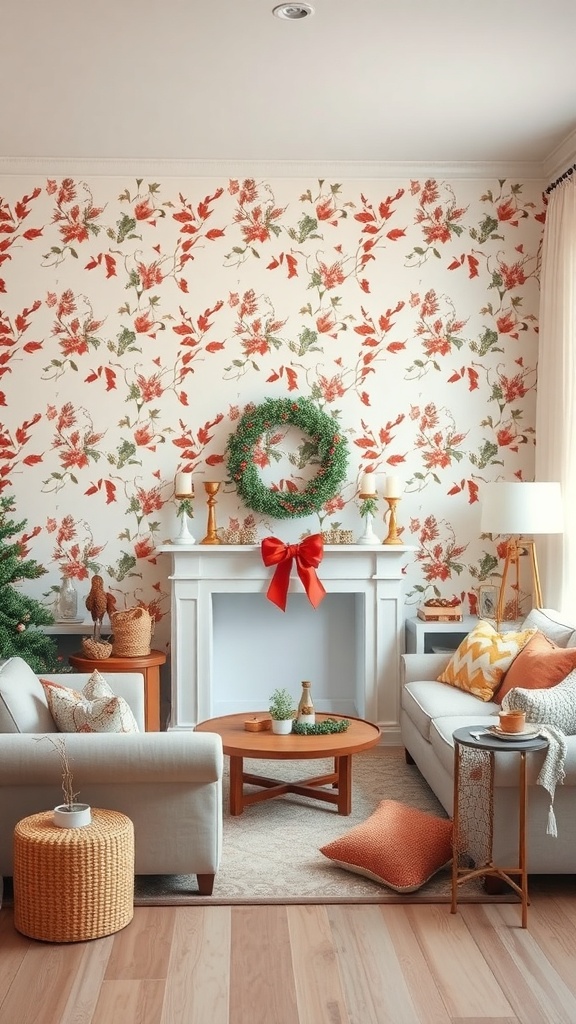 Cozy living room with floral wallpaper, festive decorations, and a fireplace