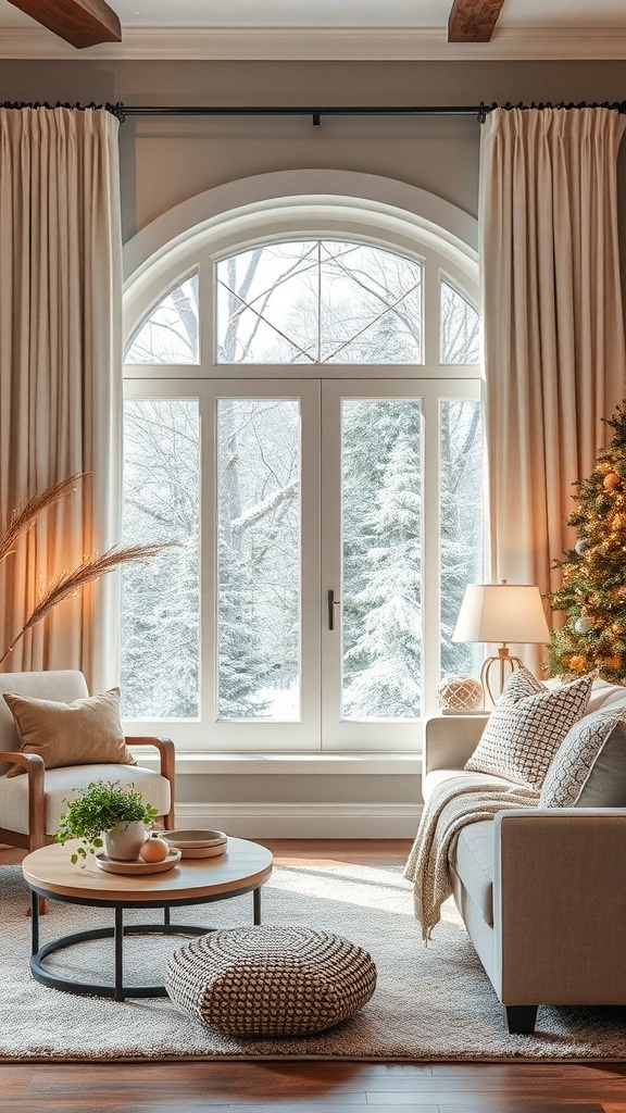 Cozy winter living room with large window, soft curtains, and festive decor
