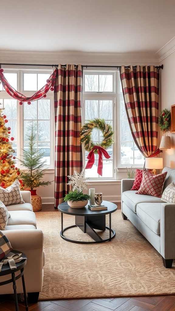 A cozy Christmas living room featuring plaid curtains, a festive wreath, and a decorated Christmas tree.