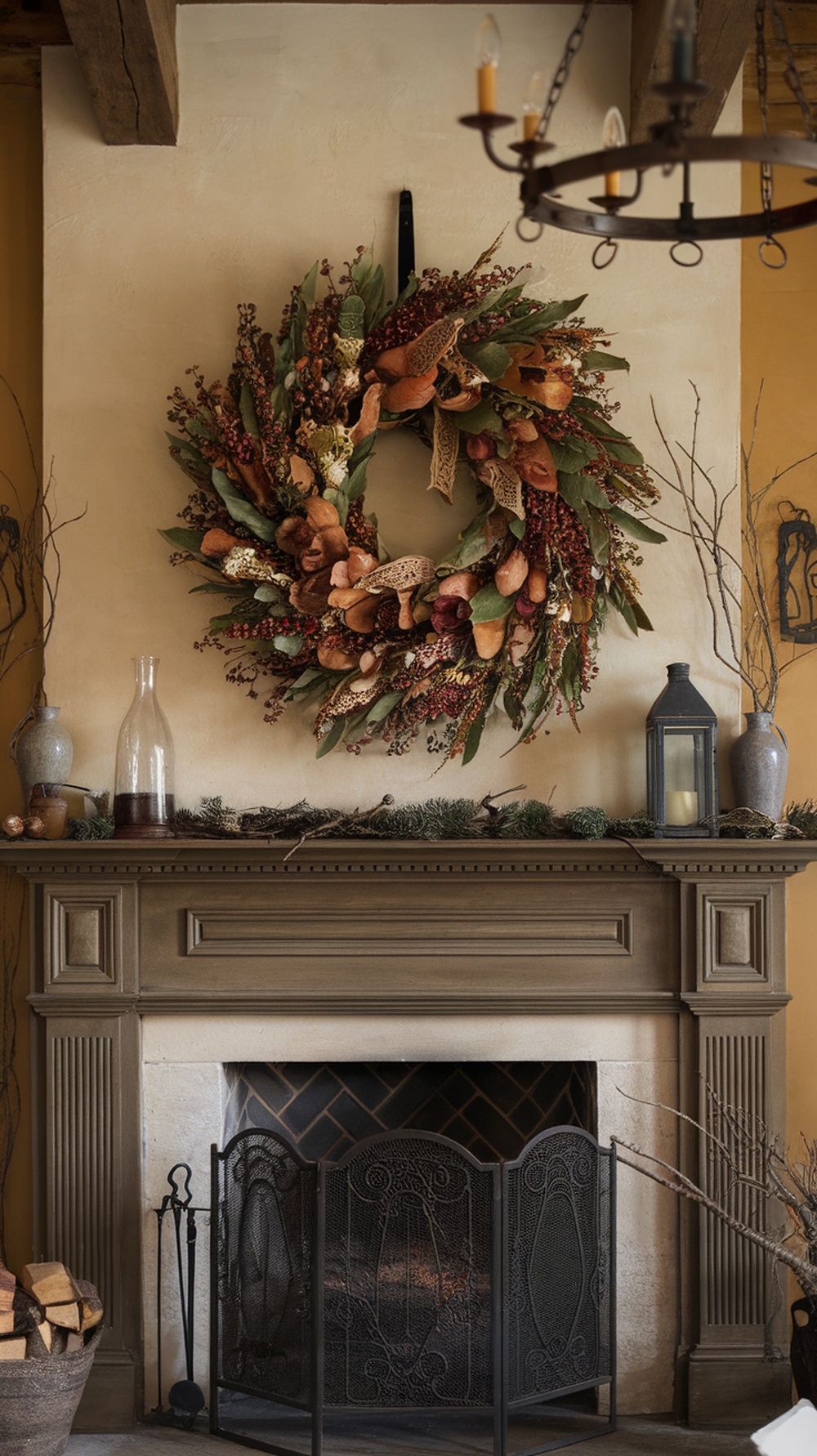 A beautifully arranged seasonal wreath displayed above a fireplace mantel, featuring autumn leaves, berries, and dried flowers.