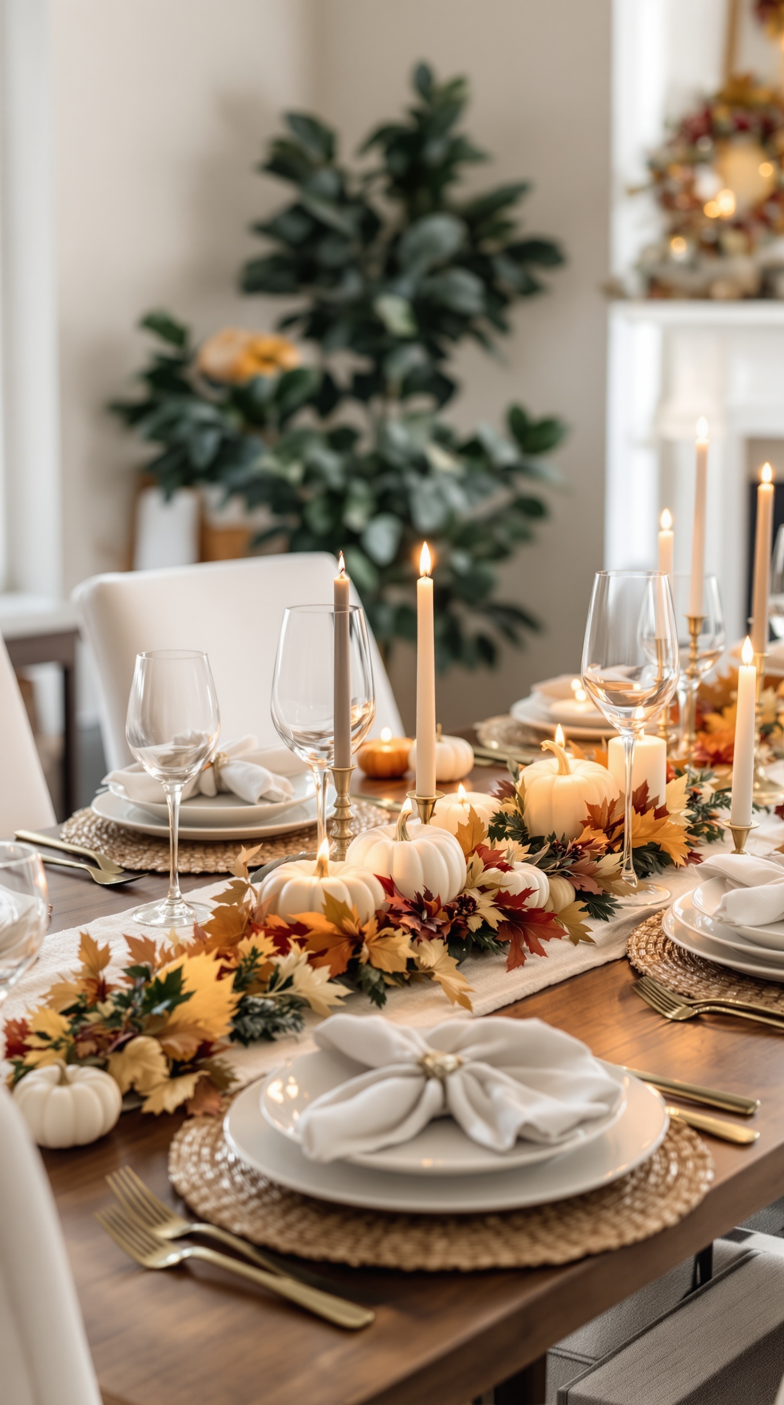 A beautifully arranged Thanksgiving table with seasonal wreath decor, featuring candles, pumpkins, and autumn leaves.