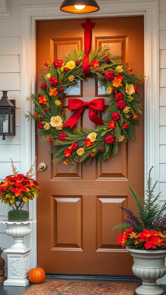 A vibrant seasonal wreath with red and yellow flowers on a brown door, surrounded by colorful potted plants and a small pumpkin.
