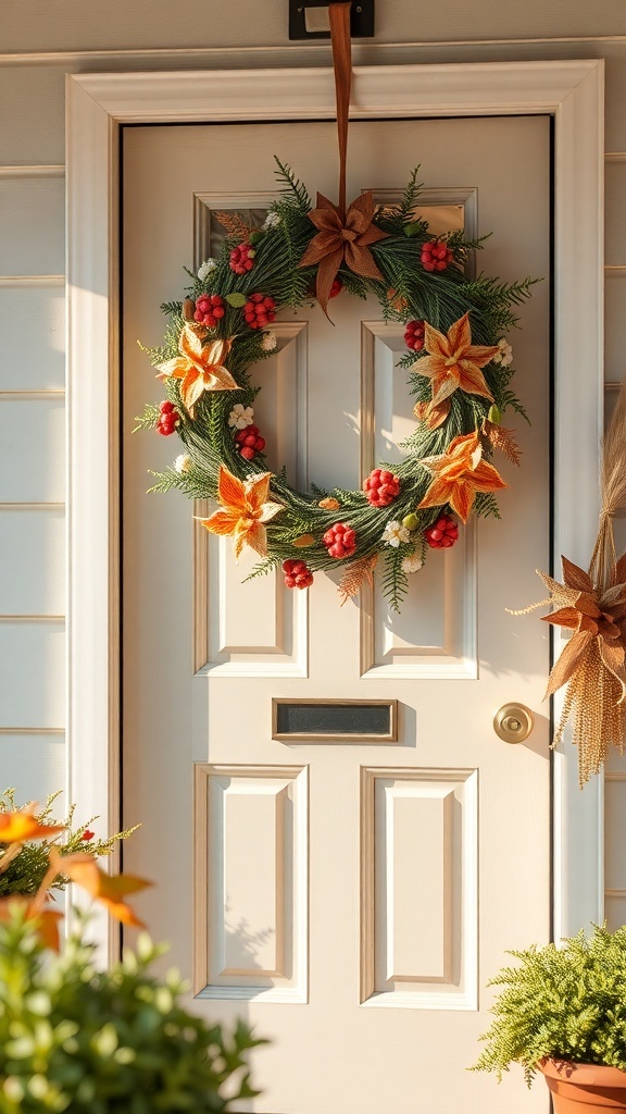 A vibrant autumn wreath with orange flowers and red berries on a door.