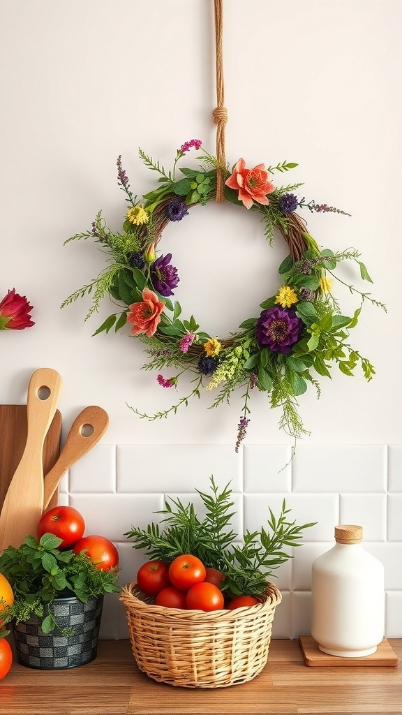 A colorful seasonal wreath made of flowers and greenery hanging on a kitchen wall, with fresh tomatoes and herbs on the counter.