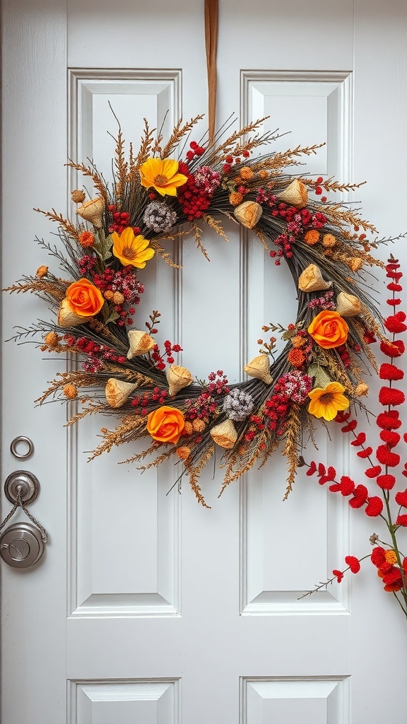 A colorful seasonal wreath with yellow flowers, orange roses, and dried elements, hanging on a white door.