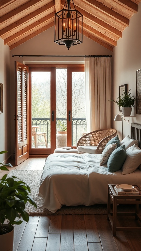 A cozy cottage bedroom with an outdoor balcony featuring wooden railing and simple furniture.