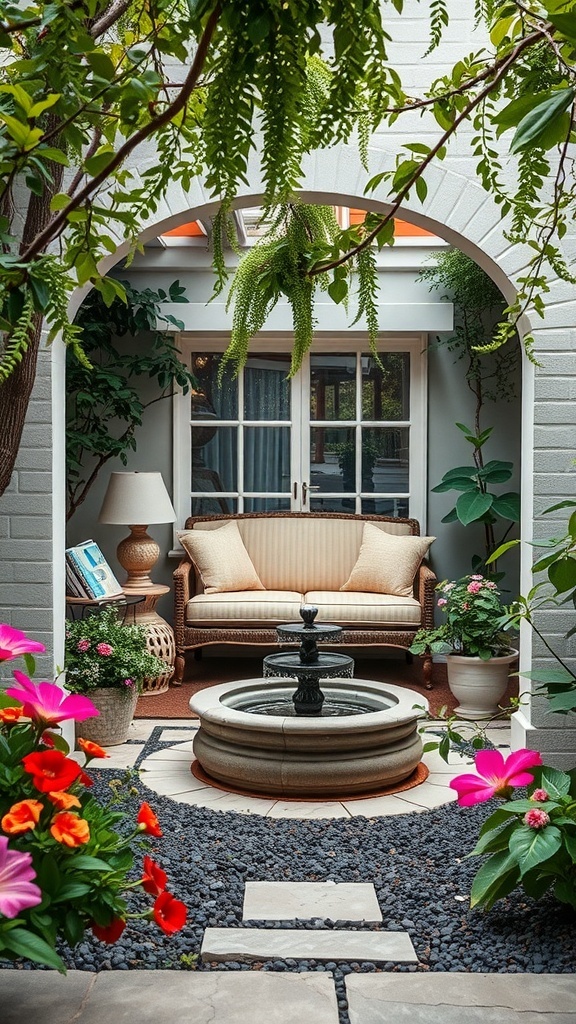 A cozy garden corner with a wicker sofa, colorful flowers, and a small fountain.