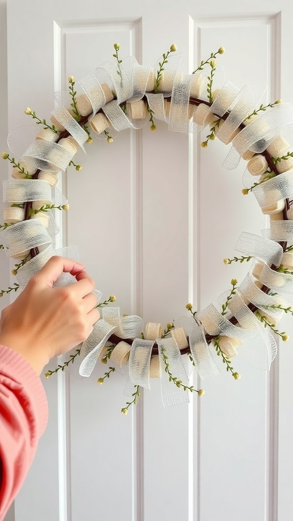 A hand adjusting curly deco mesh strips on a wreath with greenery.