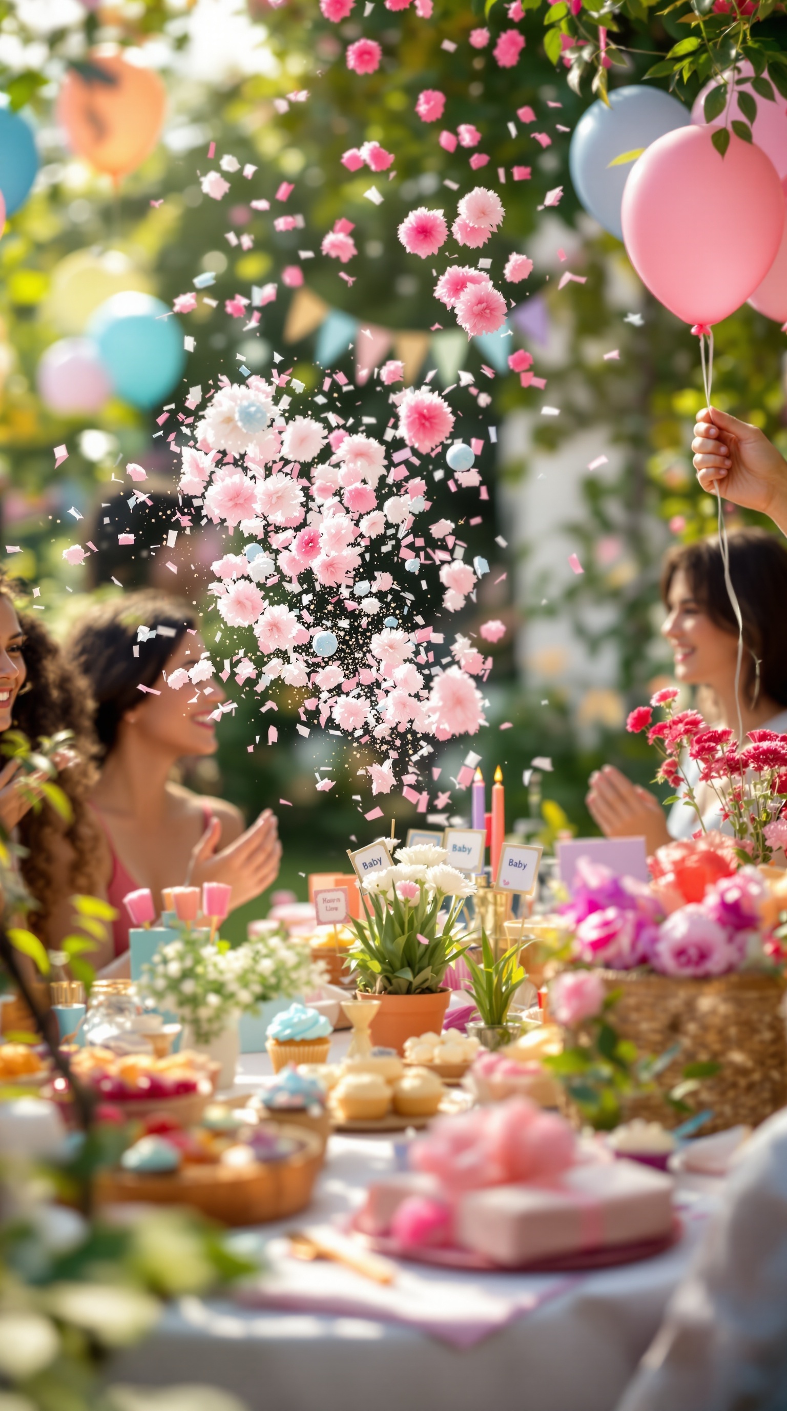 A vibrant gender reveal party with colorful decorations and guests celebrating.