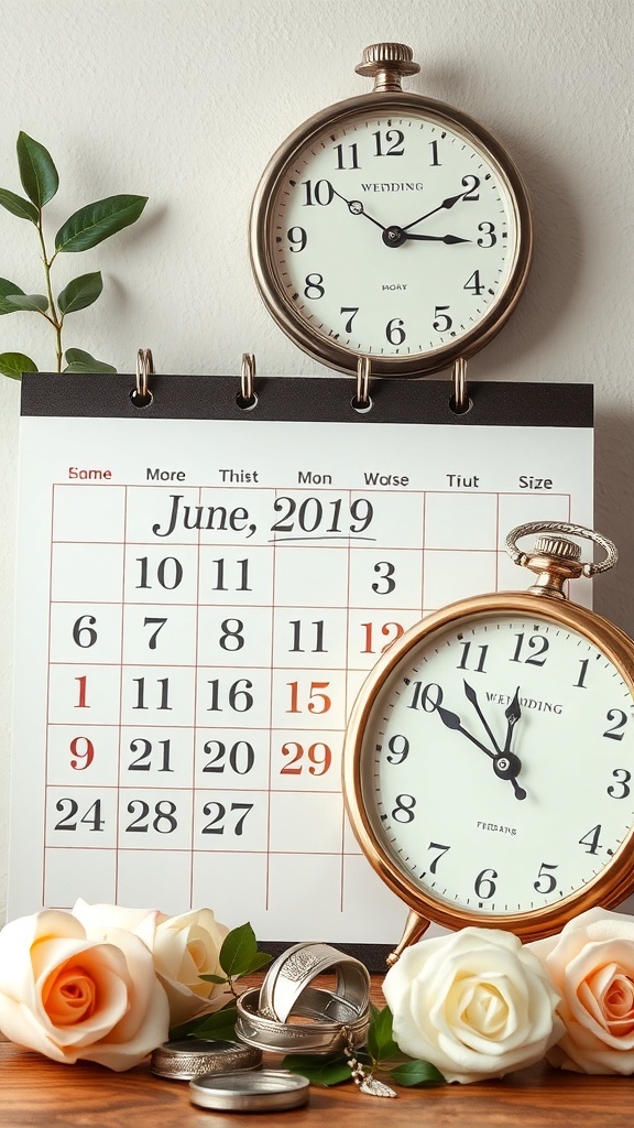 A calendar showing June 2019 with two clocks and wedding-themed decorations, including roses and wedding rings.