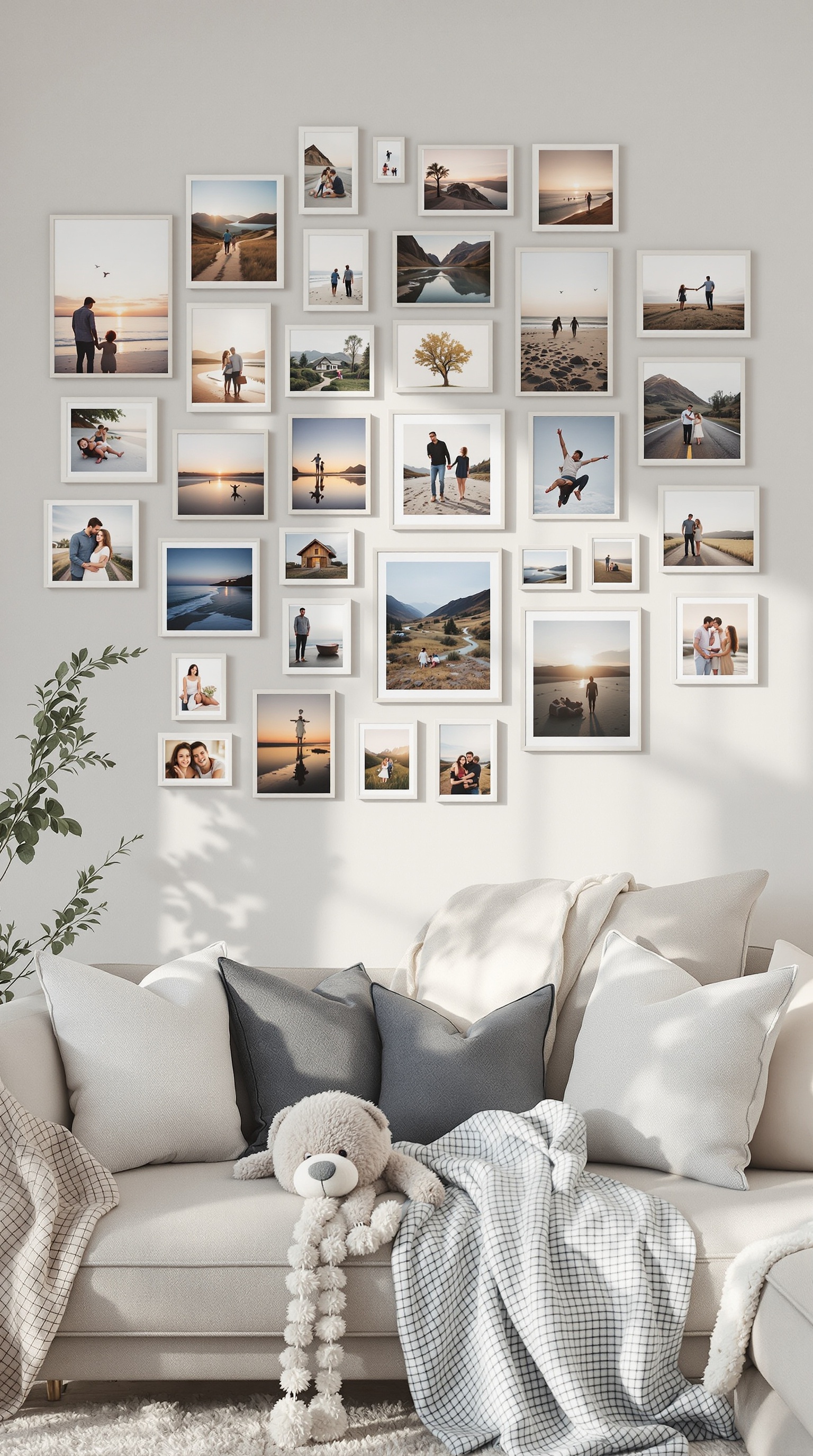 A cozy living room with a family photo wall featuring various framed pictures, a soft sofa with pillows, and a plush toy.