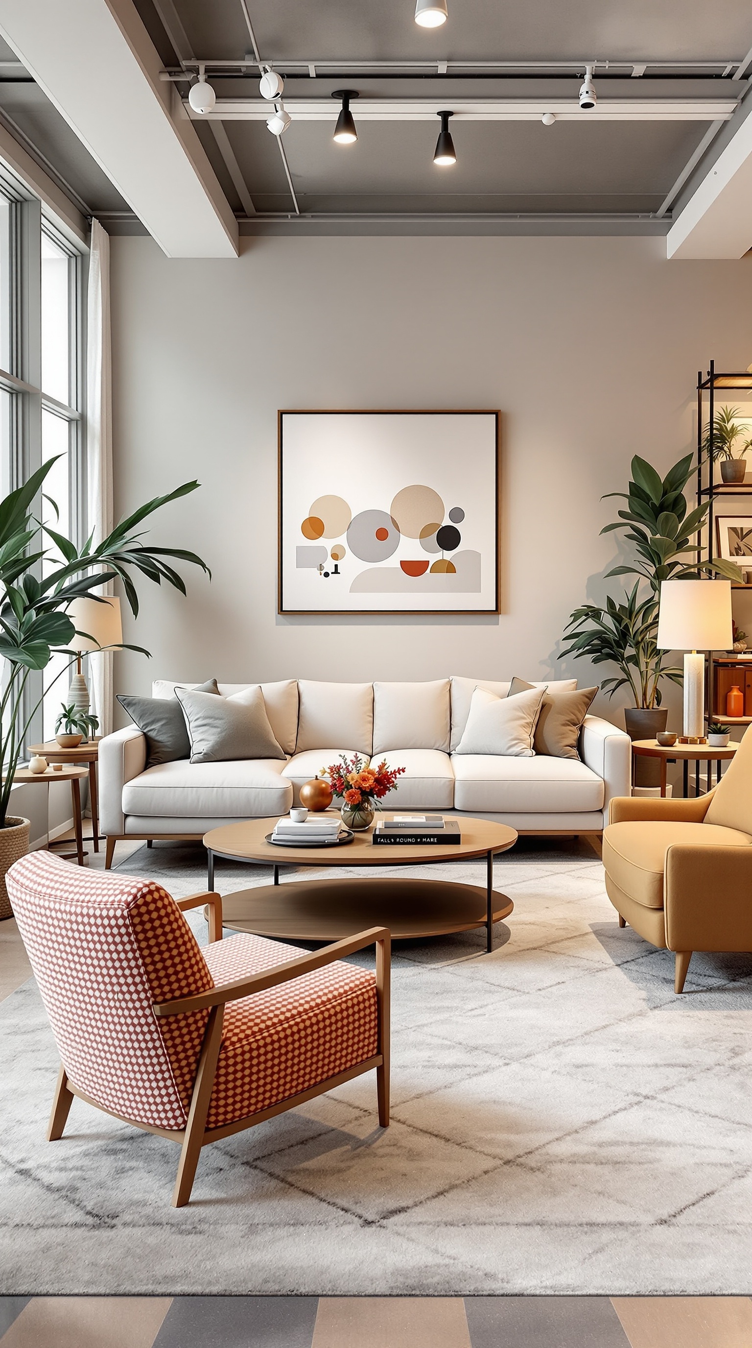 A stylish family room with a light sofa, patterned chair, round coffee table, and plants.