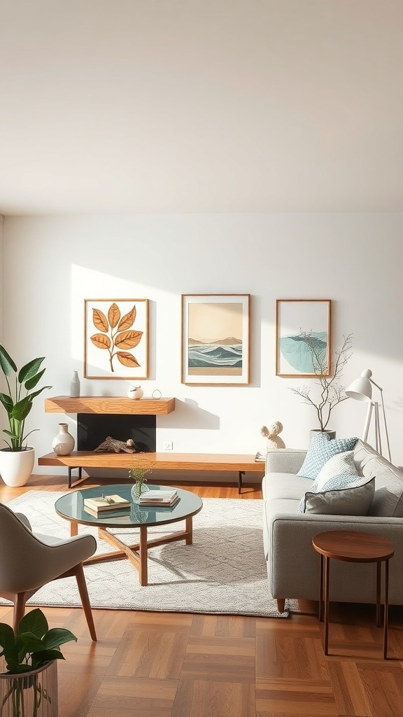 Cozy mid-century modern living room with framed artwork on the wall, showcasing a leaf design and ocean scenes.
