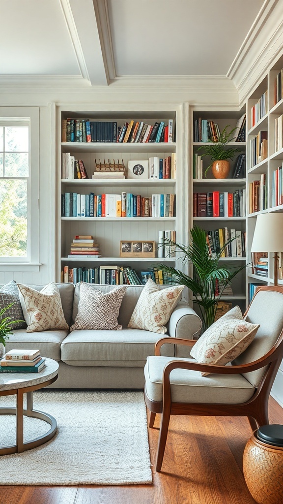 Cozy home library with a comfortable sofa and armchair surrounded by bookshelves.