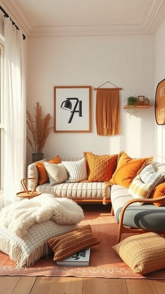 A cozy reading nook with soft textiles, warm colors, and inviting cushions.