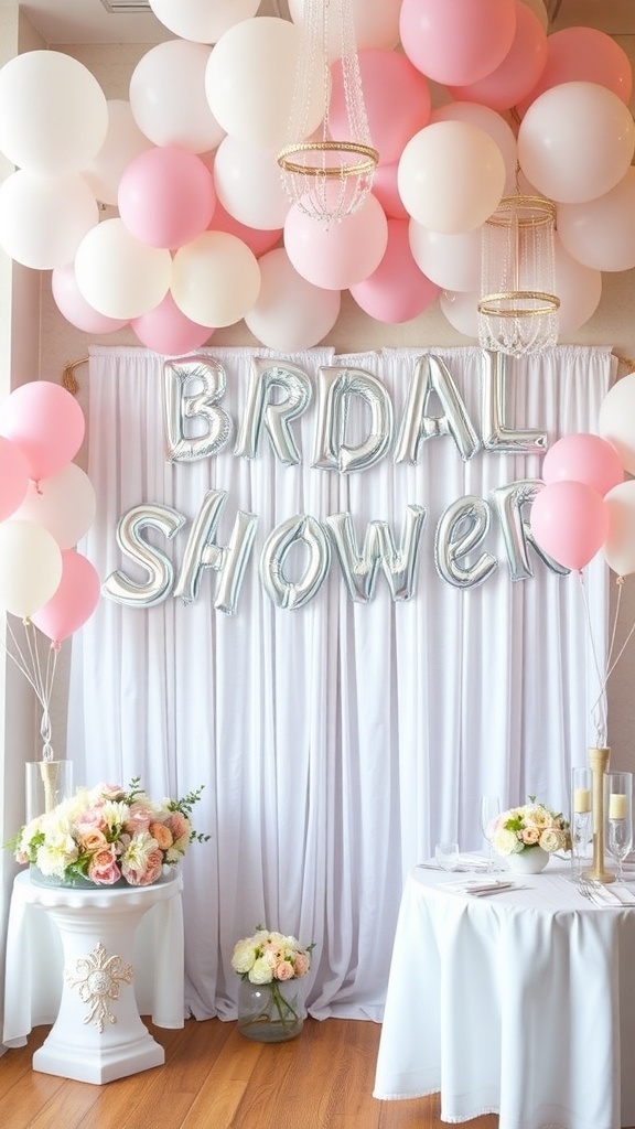 A decorative setup for a bridal shower featuring balloons, floral arrangements, and a backdrop with silver letters.