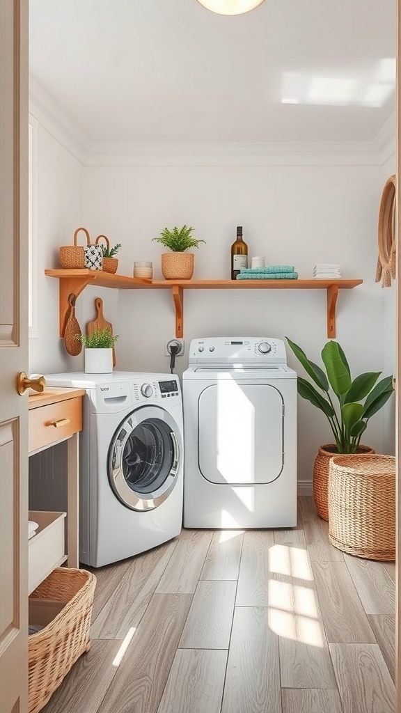 Bright laundry room with light wood flooring, washer, dryer, and decorative plants.