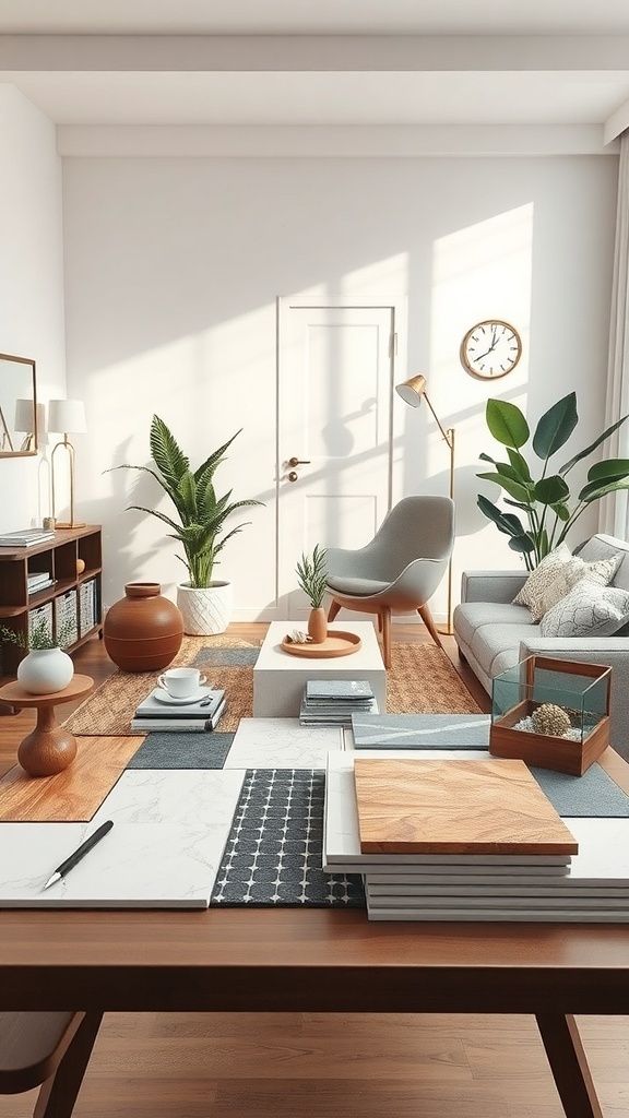 A table displaying various materials for a remodeling project, including tiles, wood, and fabrics