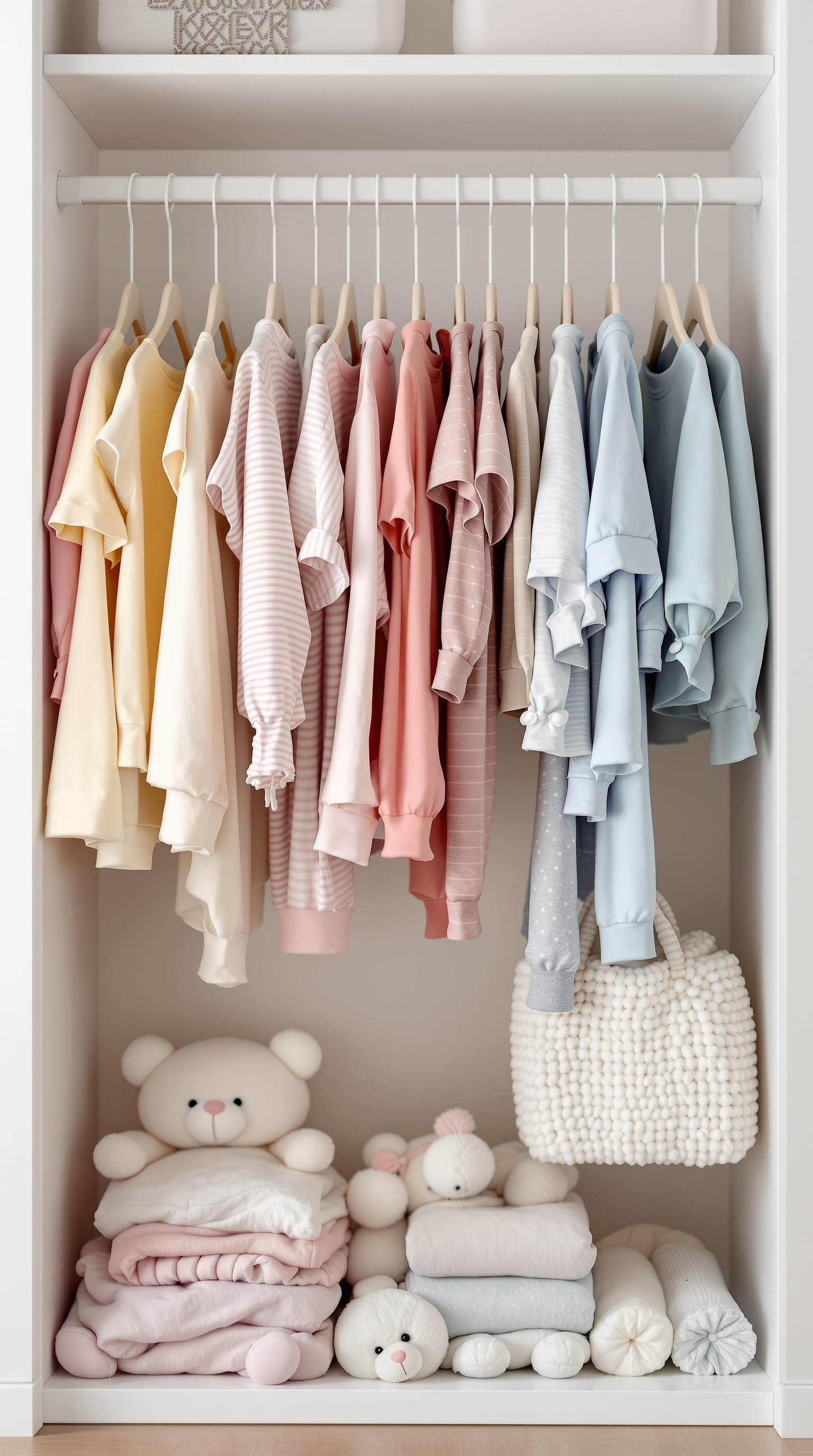 A toddler's closet featuring colorful, soft clothing and plush toys.