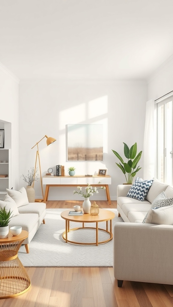 A small living room featuring light-colored sofas, wooden furniture, and plants, creating a cozy and inviting atmosphere.