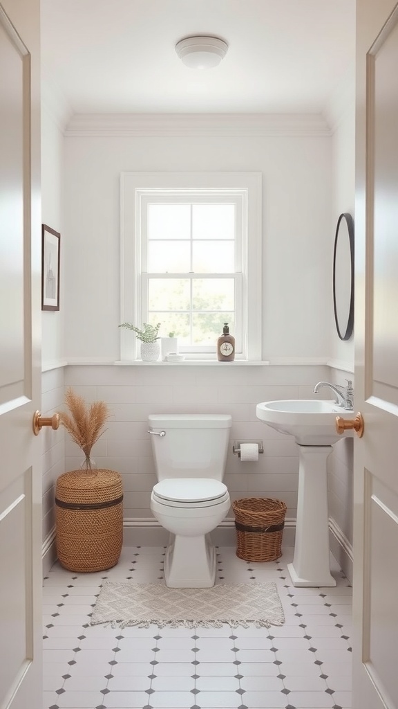 A small half bathroom featuring light colors, natural light, and minimal decor.