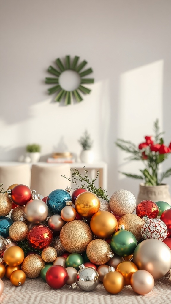 A collection of colorful ornaments in various sizes and finishes, perfect for a DIY wreath.