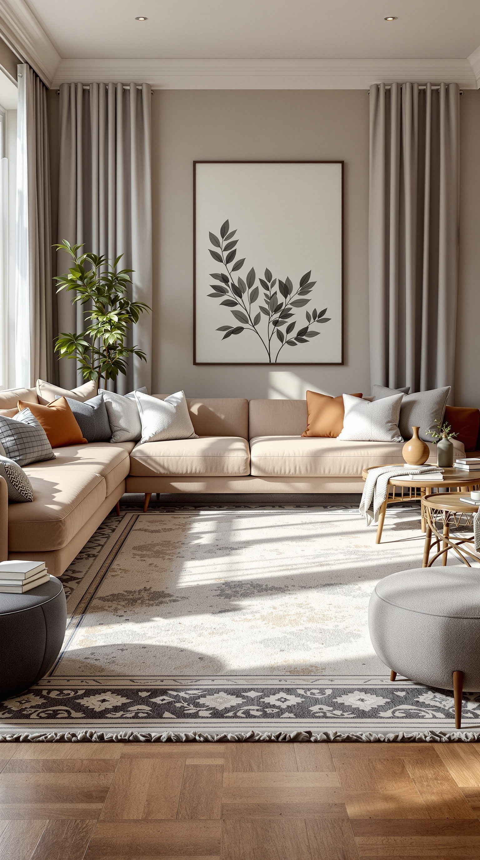 A cozy family room featuring a large area rug, comfortable sofa, and stylish decor.