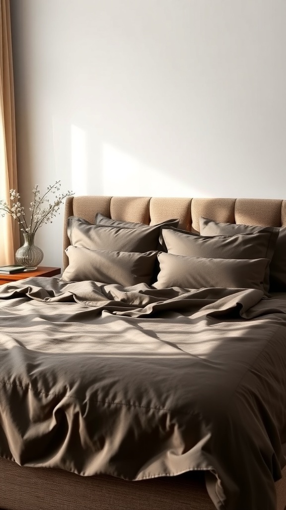 A cozy dark bedroom with a neatly made bed featuring soft, earthy-toned bedding and plush pillows.