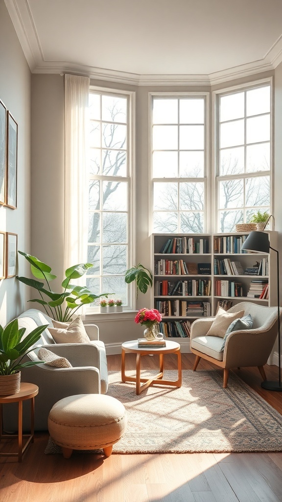 A cozy home library with a comfortable seating area, large windows, and bookshelves filled with books.