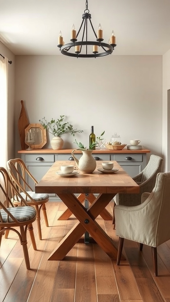 A rustic dining area featuring a wooden table, chairs, and a chandelier.