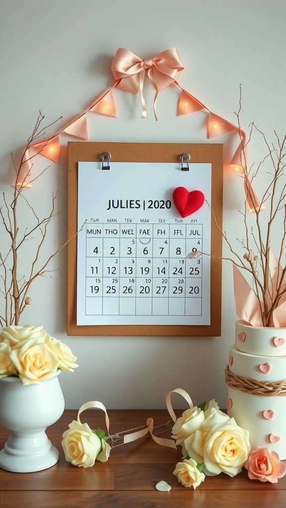 A calendar displaying July 2020 with a heart marking a specific date, surrounded by decorated elements.