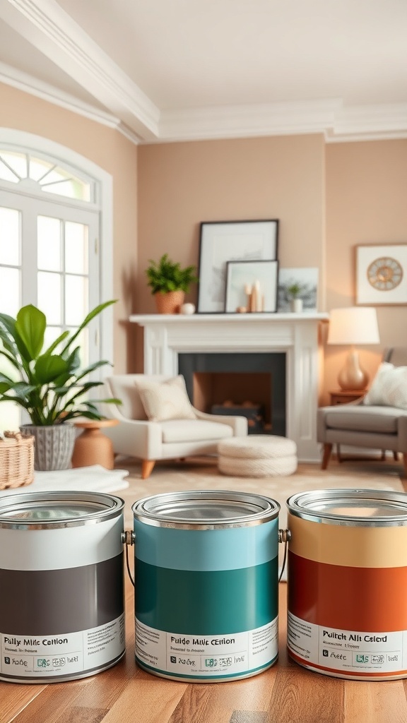 Cozy living room with paint cans in various colors ready for selection.