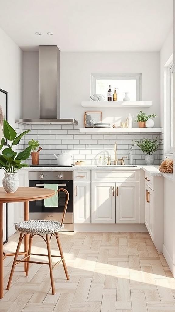A modern small kitchen with light wood flooring, white cabinets, and a cozy dining area.