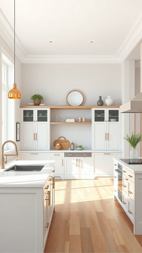 A modern galley kitchen featuring a sleek island, warm wood flooring, and stylish cabinetry.